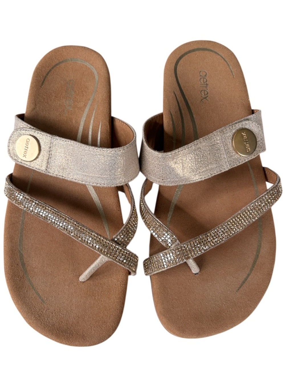 Like New Aetrex Izzy Sparkle Adjustable Slide Sandals Gold Size 7.5 - 8